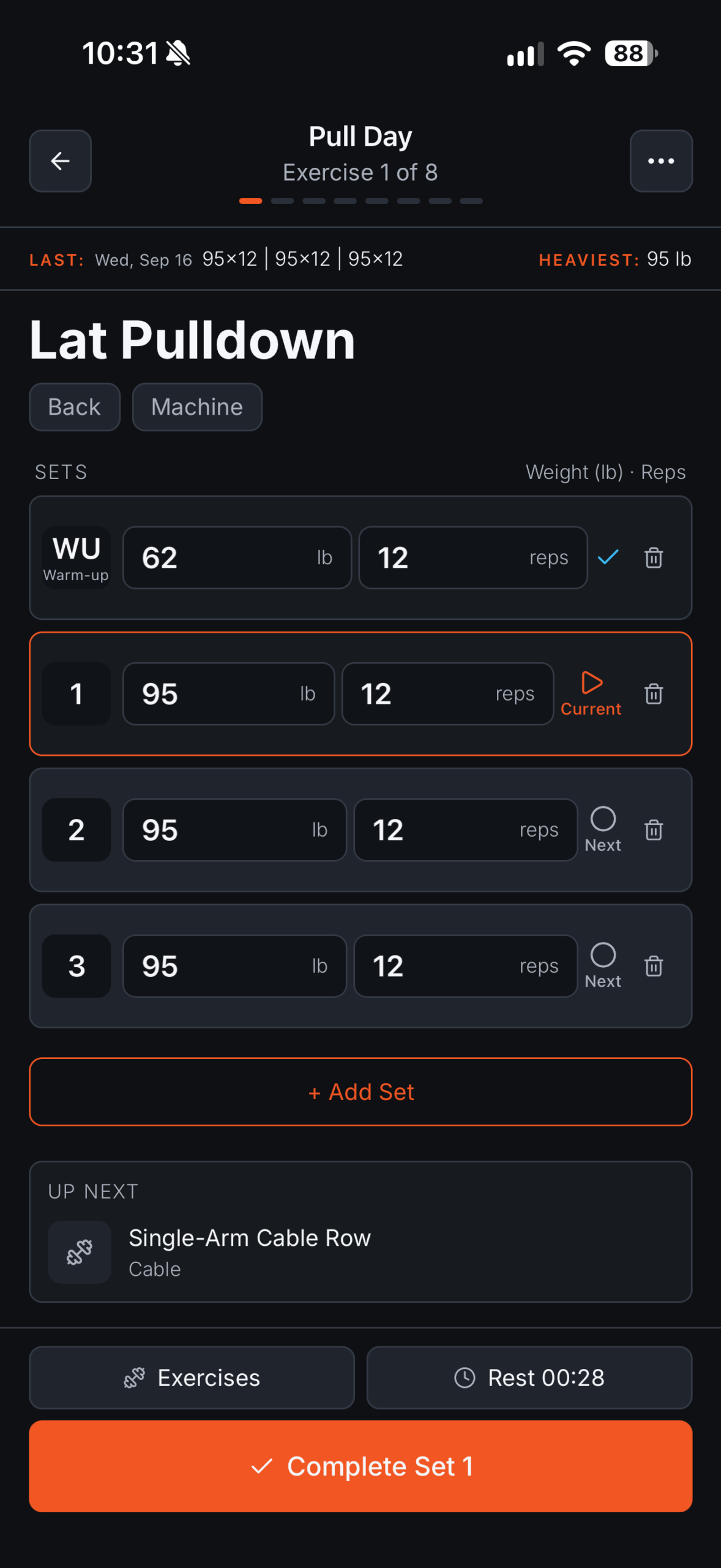 Active exercise showing previous performance, editable weights and reps, and Complete Set.