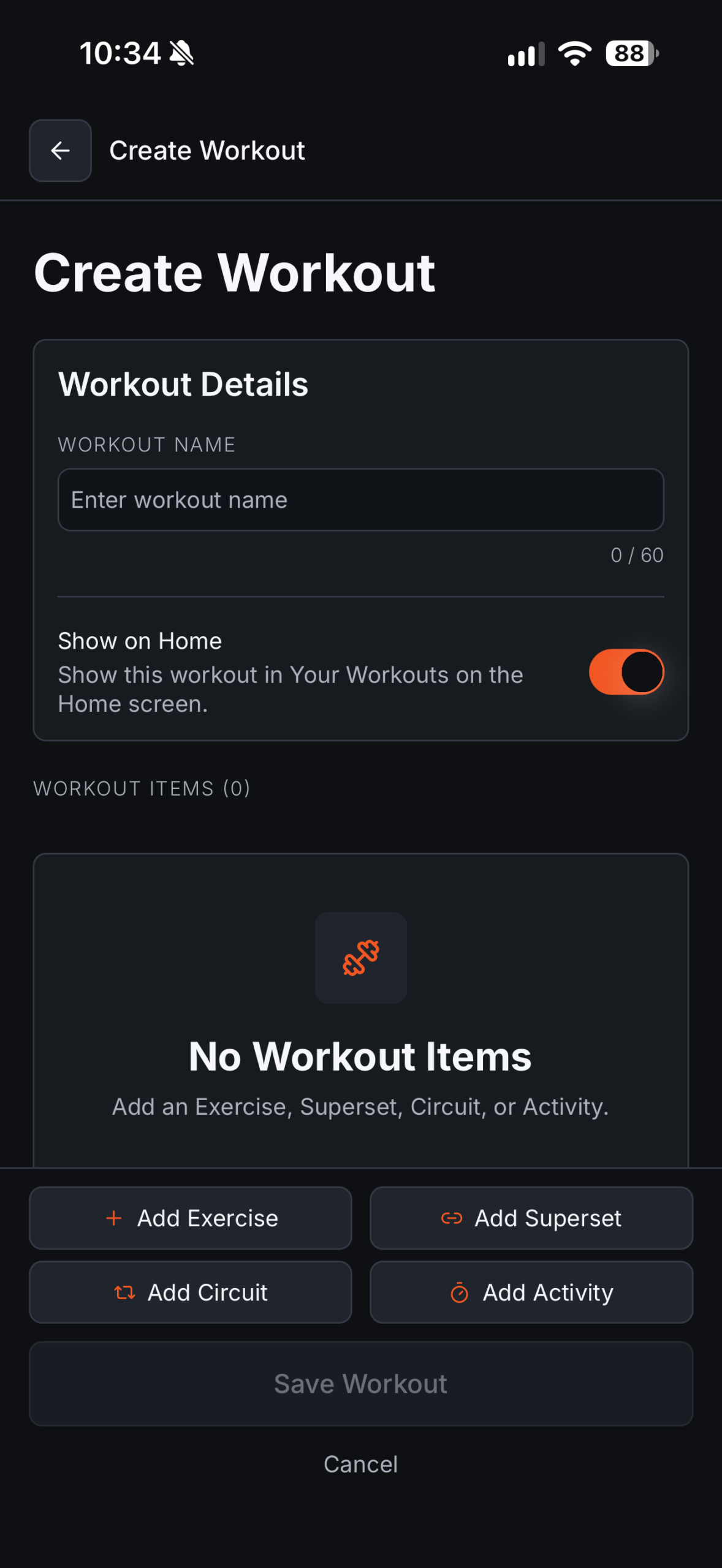 Create Workout screen with options to add an exercise, superset, circuit, or activity.