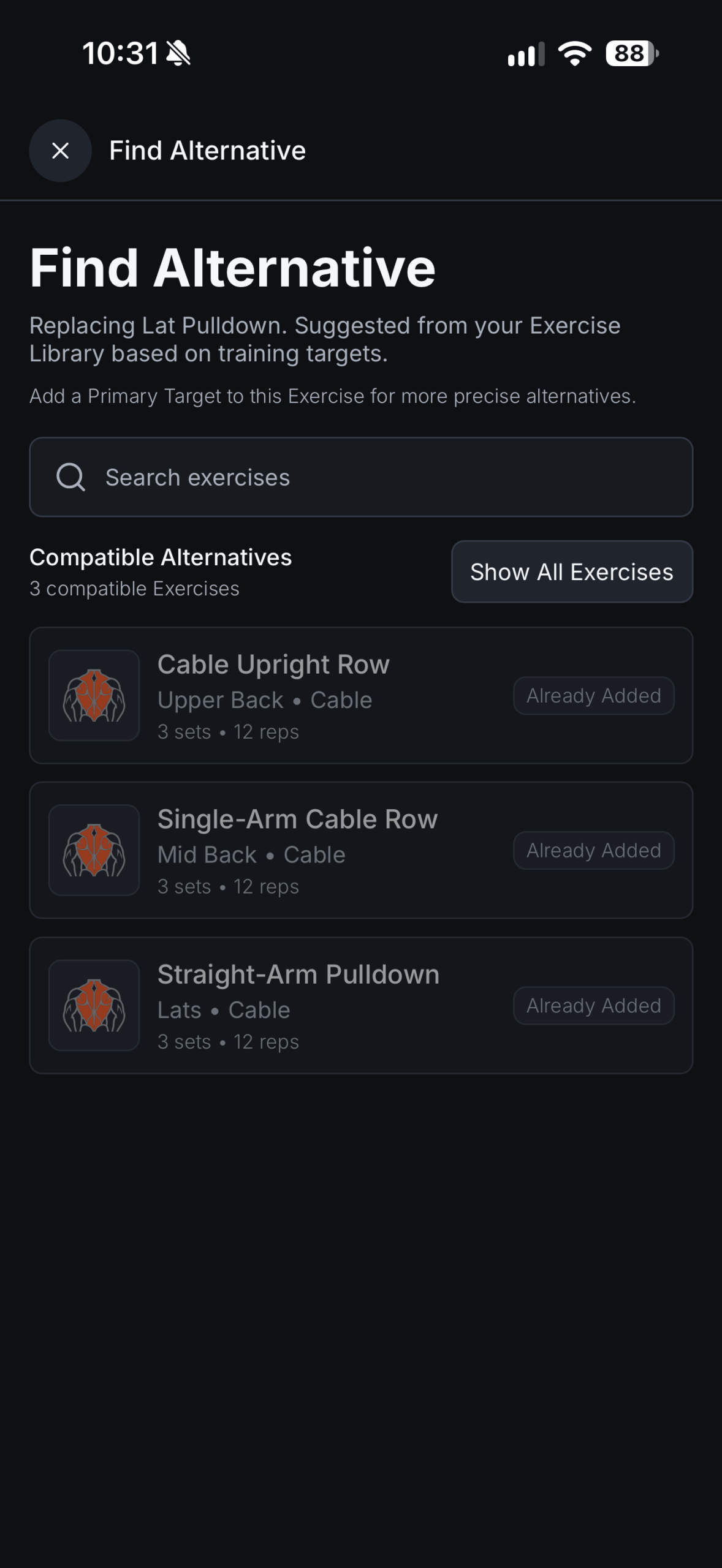 Find Alternative showing compatible exercises from the exercise library.