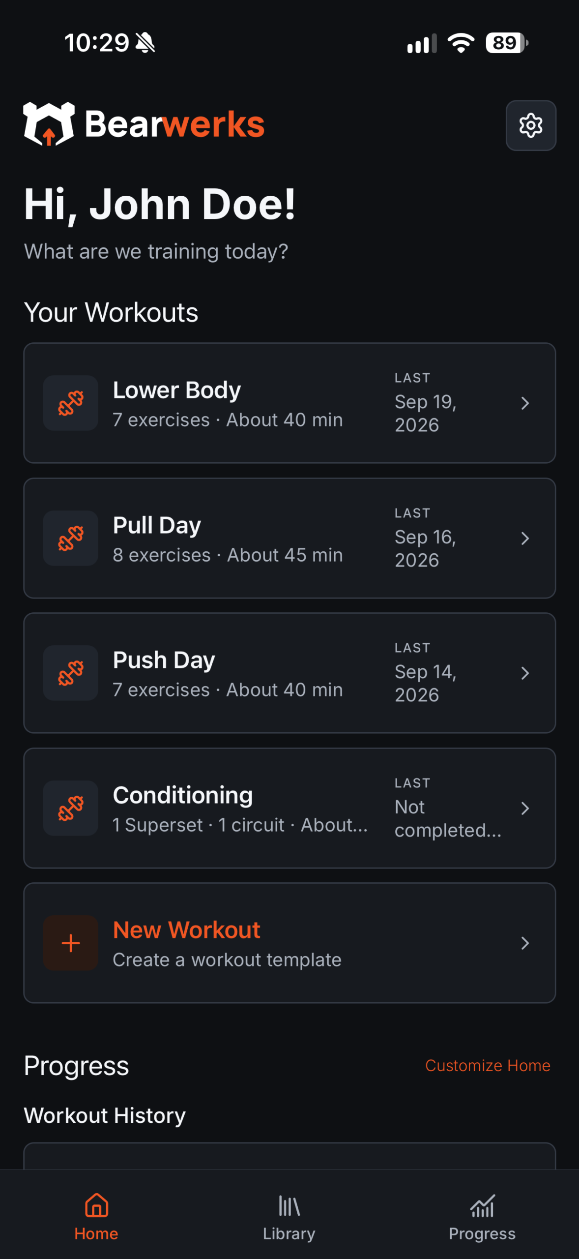 Bearwerks Home showing saved workouts and workout history.