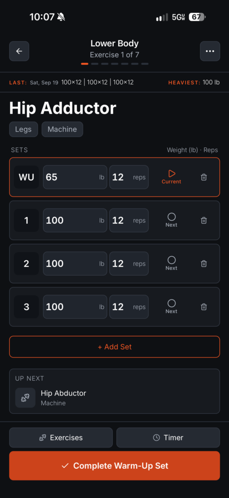 Gearwerks active workout showing sets, weights, and repetitions.
